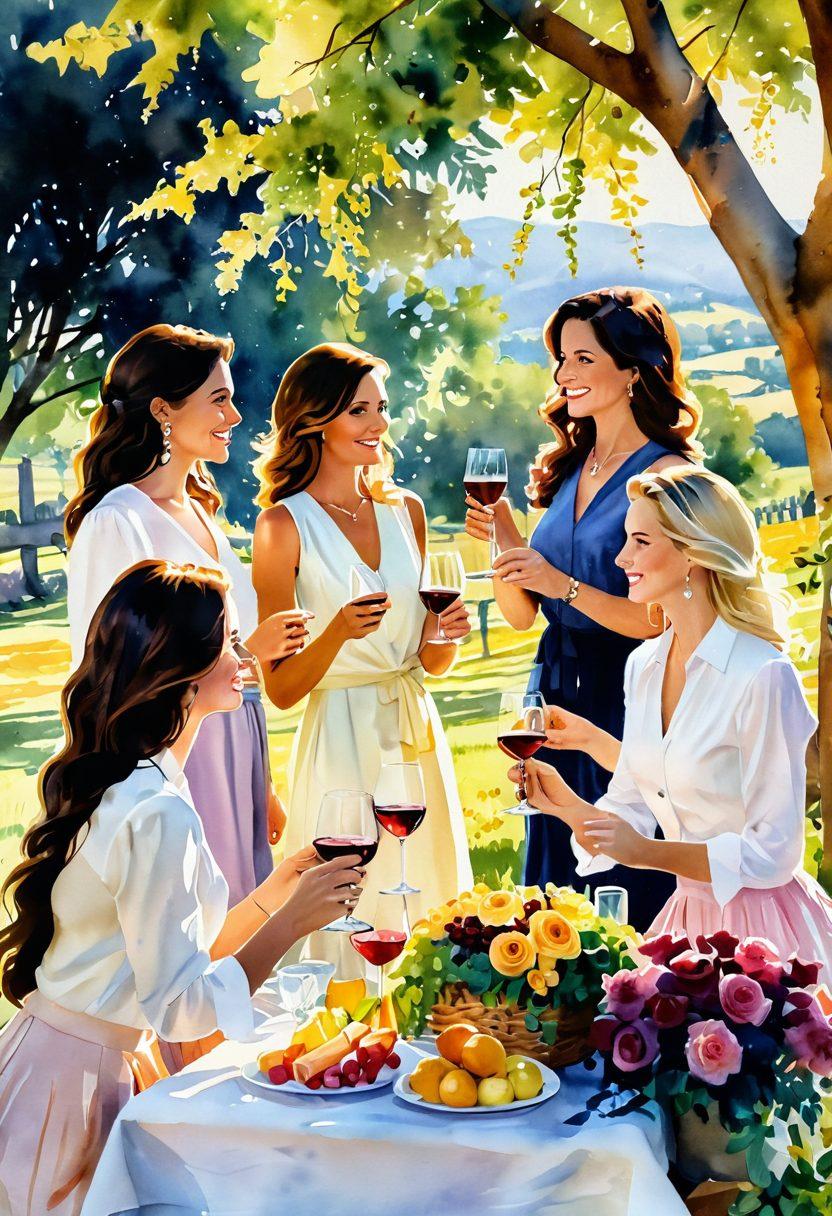 A chic outdoor wine gathering scene featuring elegantly dressed women toasting with wine glasses, surrounded by a lavish picnic setup adorned with floral arrangements and gourmet snacks. Soft golden sunlight filters through leafy trees, creating a warm ambiance. Capture the joy and camaraderie among the ladies, with a picturesque vineyard in the background. watercolor painting. vibrant colors.